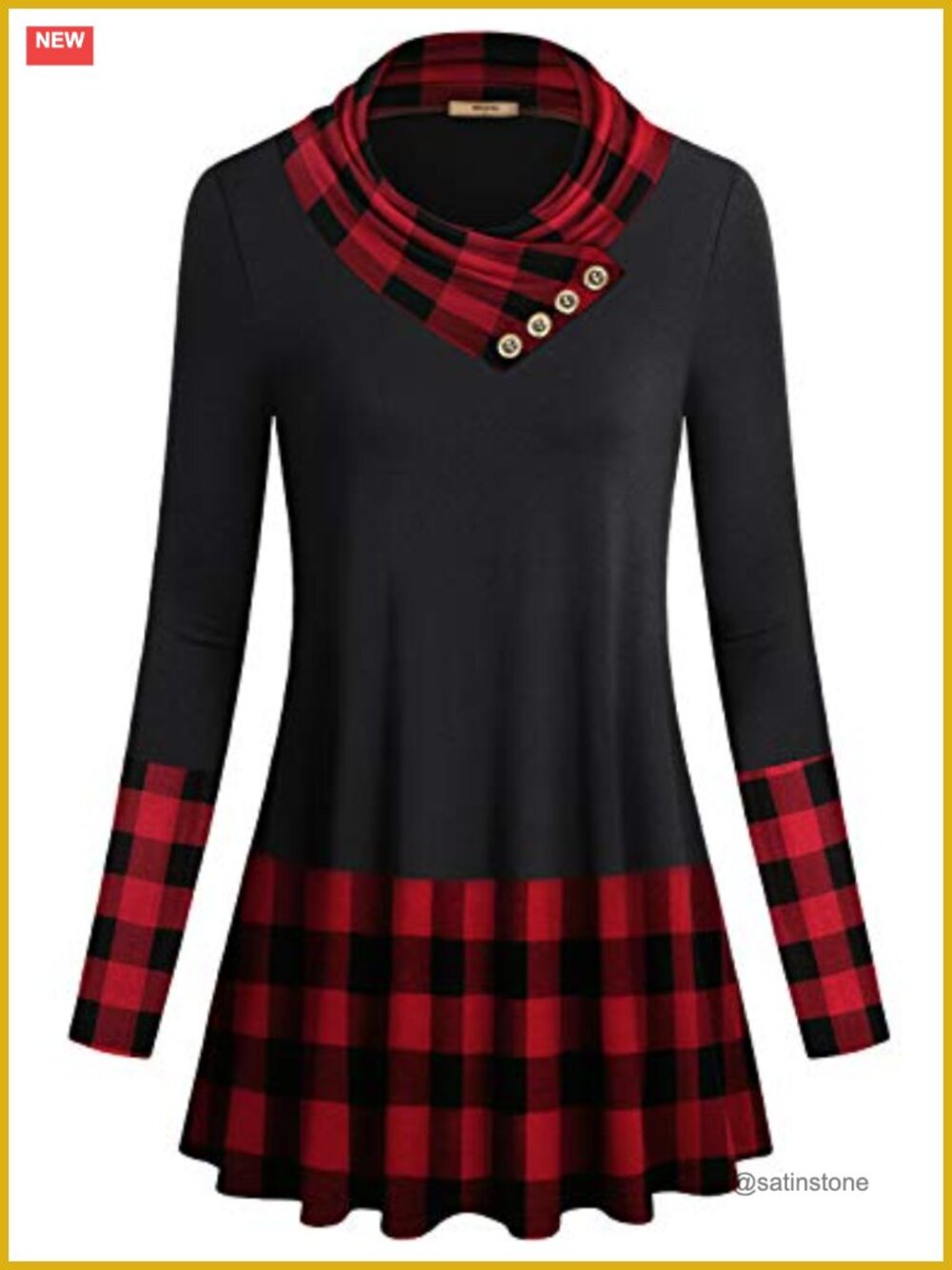 Women's Long Sleeve Cowl Neck Tunics Plaid Cotton Blend Loose Fit